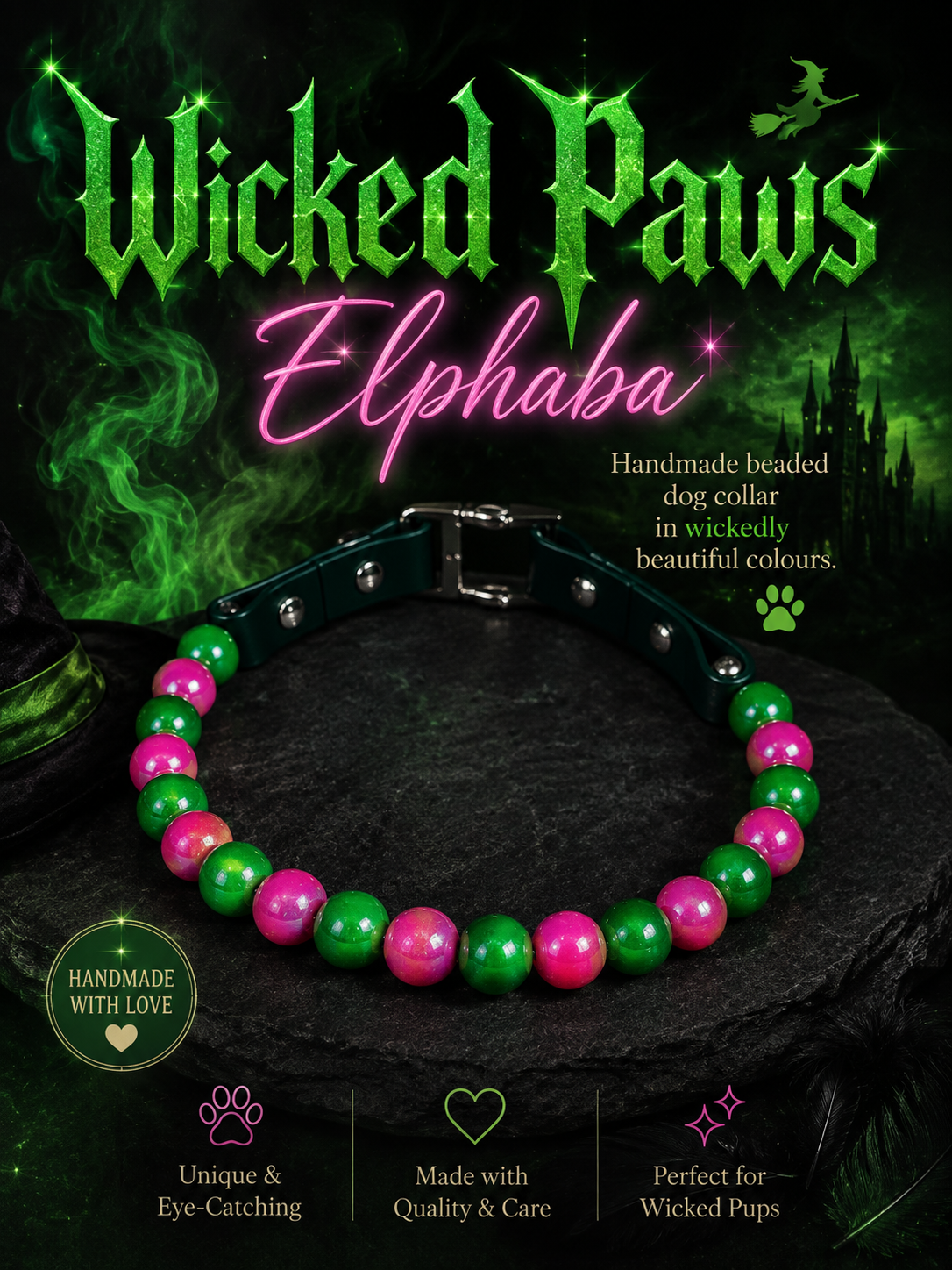 Wicked Paws Elphaba - handmade beaded dog collar in green and pink