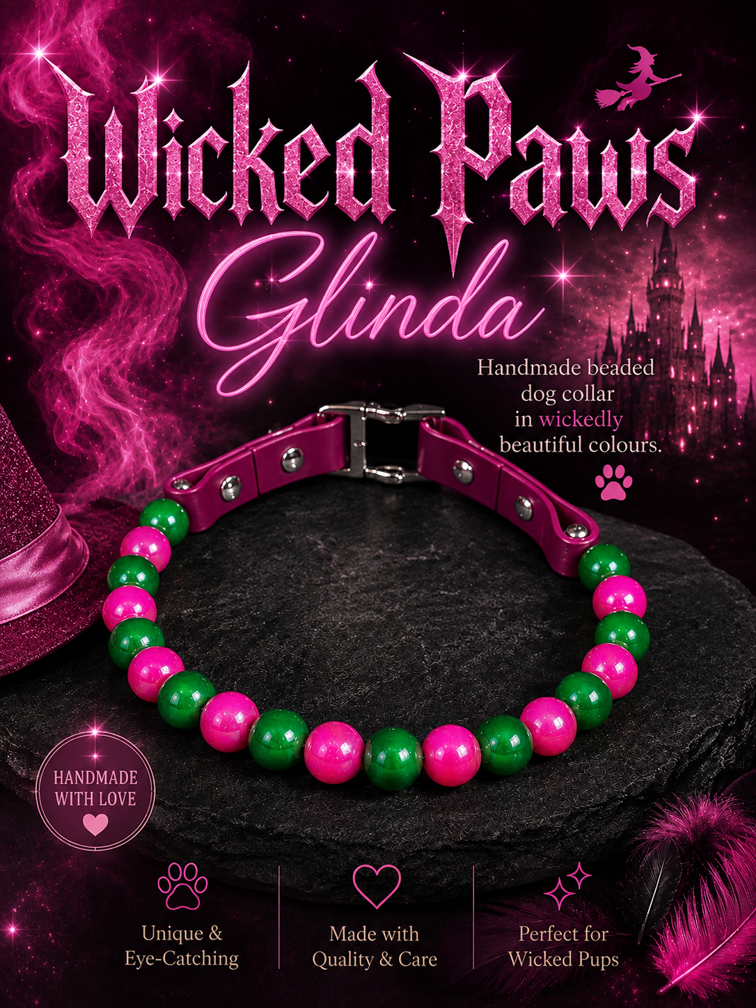 Wicked Paws Glinda - handmade beaded dog collar in pink and green