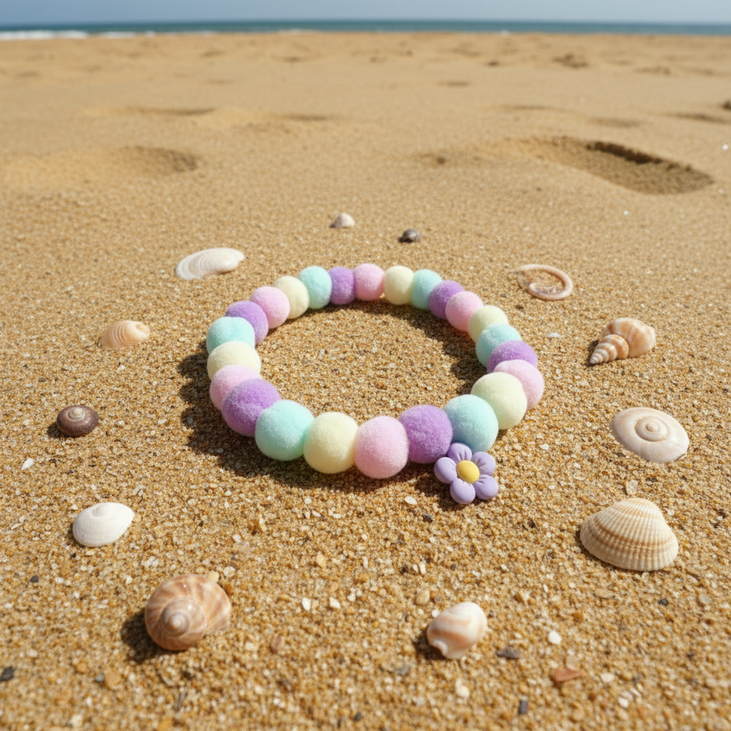 Pippa's Delight pom pom dog collar on sandy beach with seashells lifestyle shot